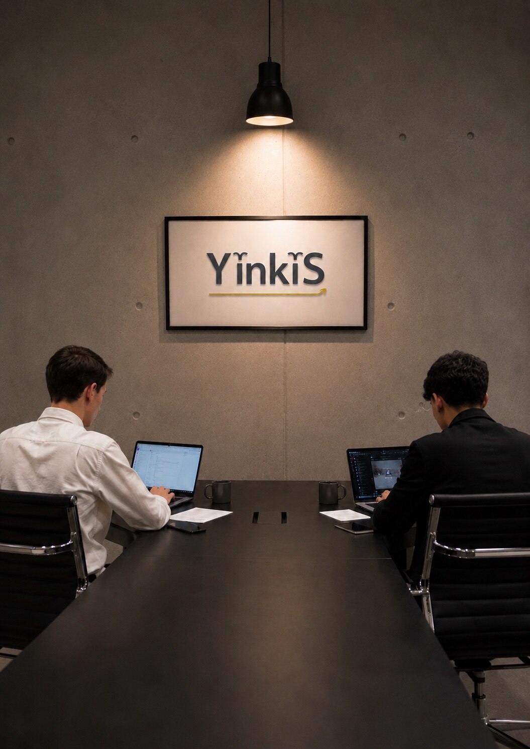 Alfre y Mateo trabajando en la oficina con el logo de Yinkis al fondo