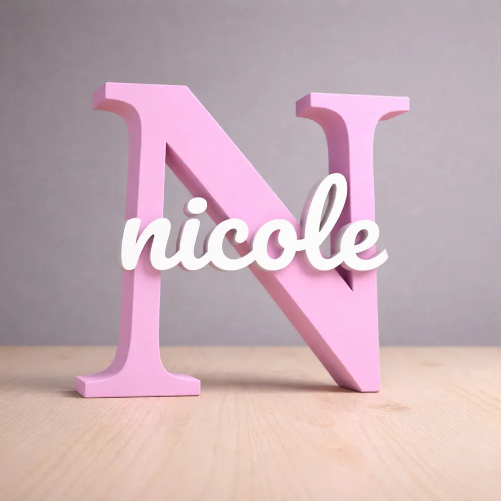 Letra N rosa con nombre Nicole en cursivo blanco, pieza decorativa