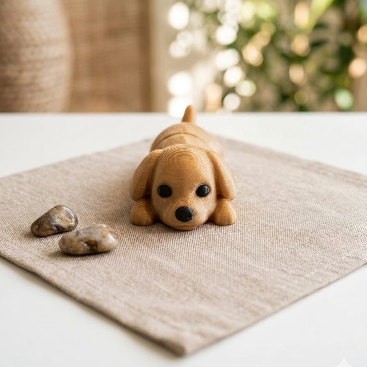 Animalito souvenir 3D: perrito beige tipo cachorro acostado sobre mantel de lino, decoración para evento