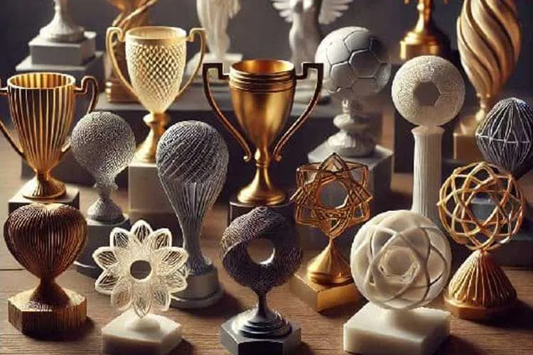 Línea de trofeos 3D personalizados en dorado, blanco y oro envejecido, varios diseños decorativos