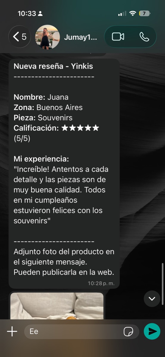 Captura del mensaje de WhatsApp en el que Juana mandó su reseña a Yinkis con título Nueva reseña - Yinkis