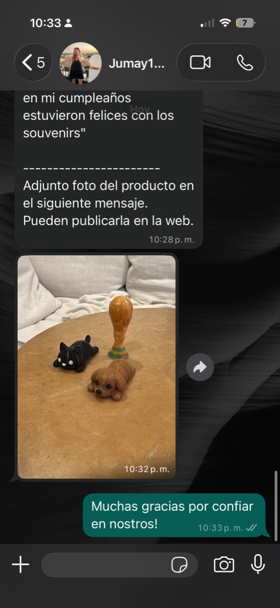Souvenirs 3D del cumpleaños de Juana: gatito negro, perrito beige y trofeo Copa del Mundo dorado sobre mesa de madera
