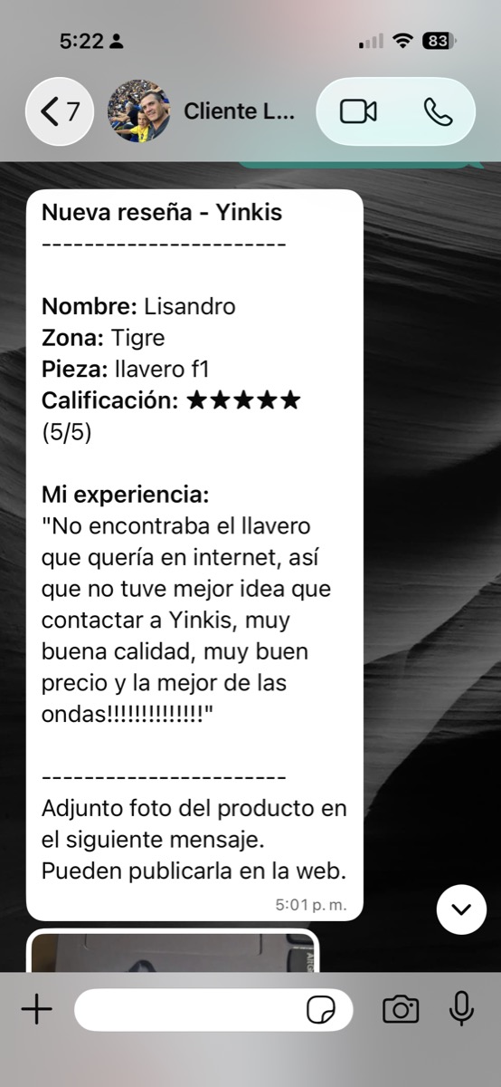 Captura del mensaje de WhatsApp en el que Lisandro mandó su reseña a Yinkis con título Nueva reseña - Yinkis