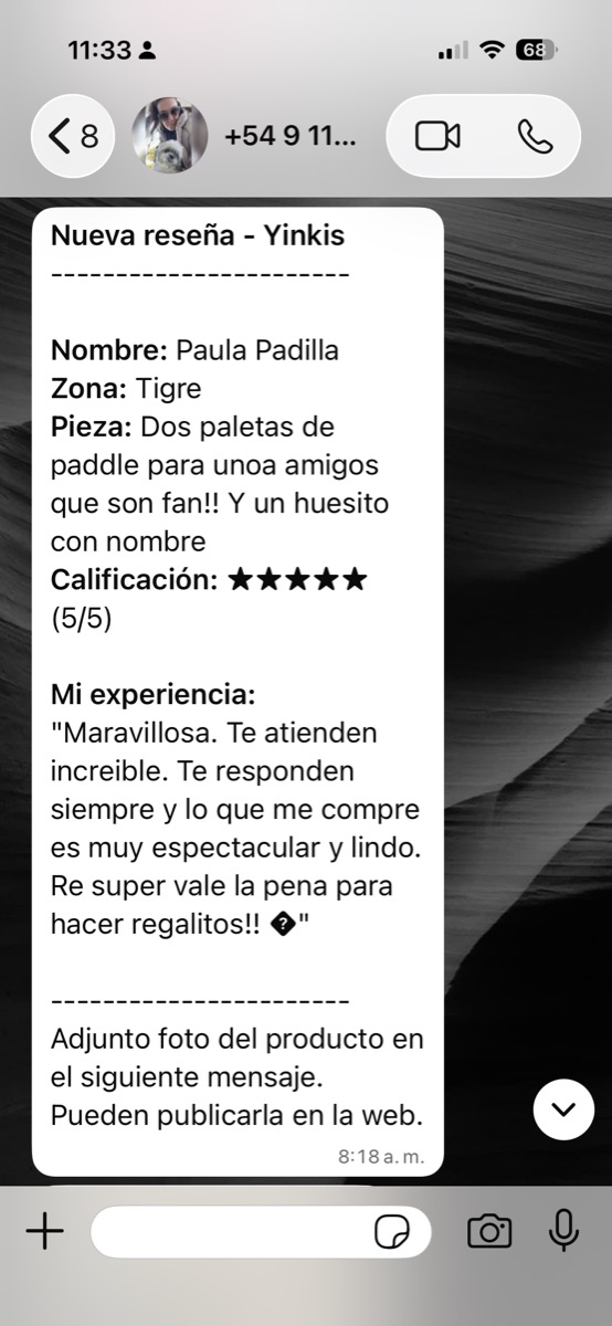 Captura del mensaje de WhatsApp en el que Paula mandó su reseña a Yinkis con título Nueva reseña - Yinkis